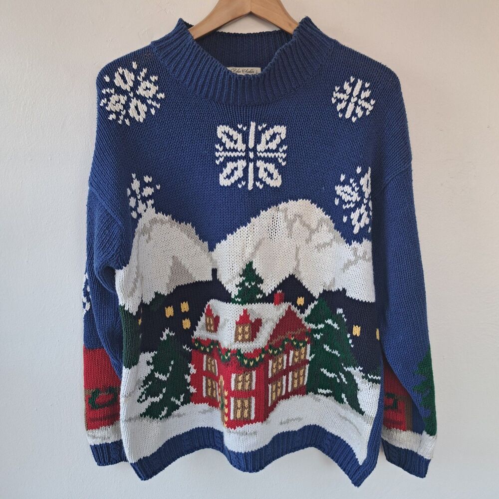 Vintage Robin Sinkler Large Ugly Christmas Winter Town Sweater Scene Snow Blue